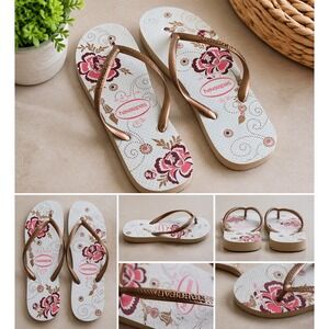 HAVAIANAS Flip Flops Womens 6 Floral Bronze Strap Summer Beach Sandals Casual